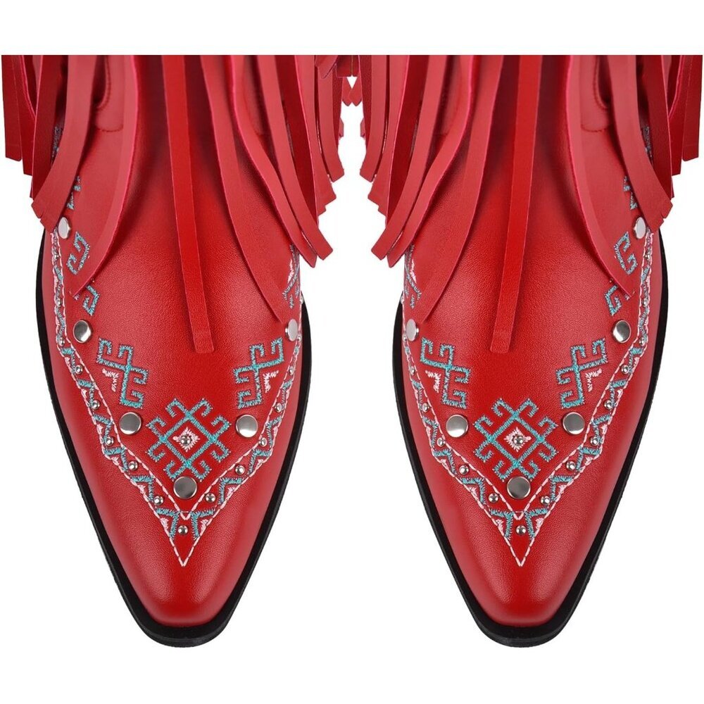 ⚡Women's Red Mid Calf Cowgirl Boot With Rivets Pull On Chunky Heel Embroidered - Picture 6 of 6